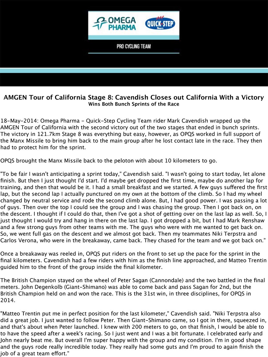 Media Release AMGEN Tour of California Stage 8 Cavendish Closes out California With a Victory